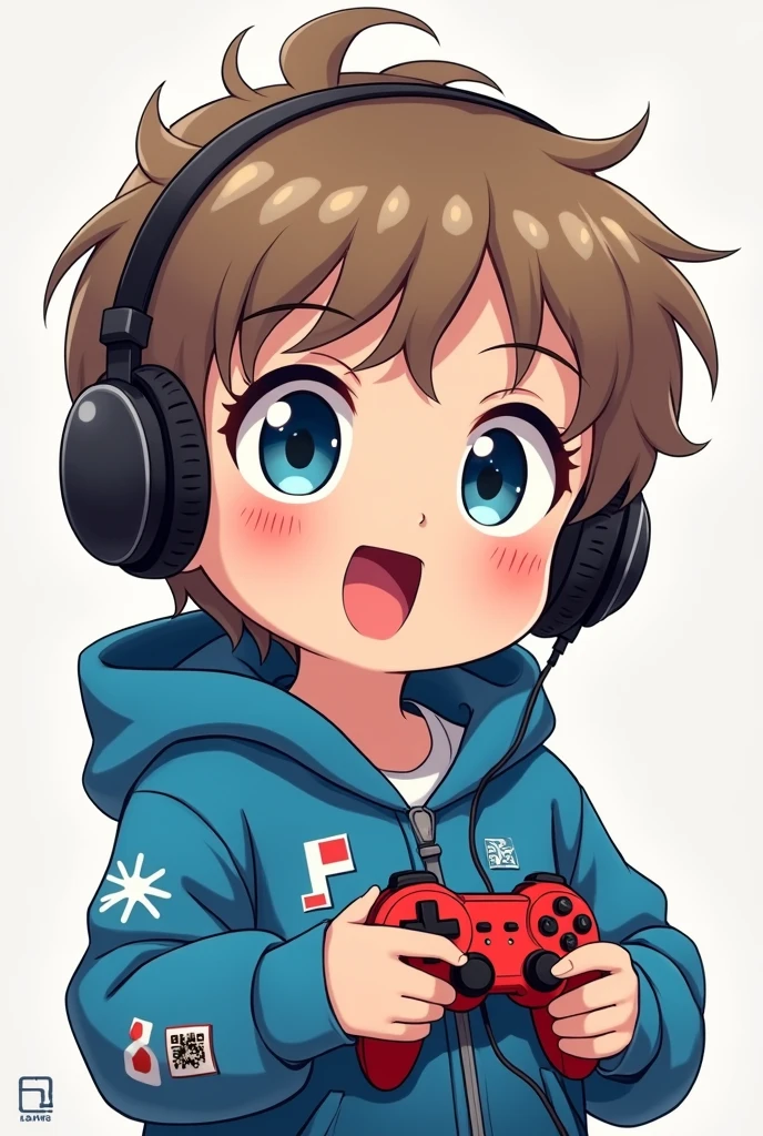 4 boy. He has light skin, short light brown hair with bangs. Blue eyes. He is wearing a blue hoodie with in gamming aesthetics, holding a joystick and with headphones. Character should be colorful and have a fun, friendly look, with exaggerated, expressive features. Big expressive eyes and surprised emotion in his face. Anime illustration, Realistic, oil