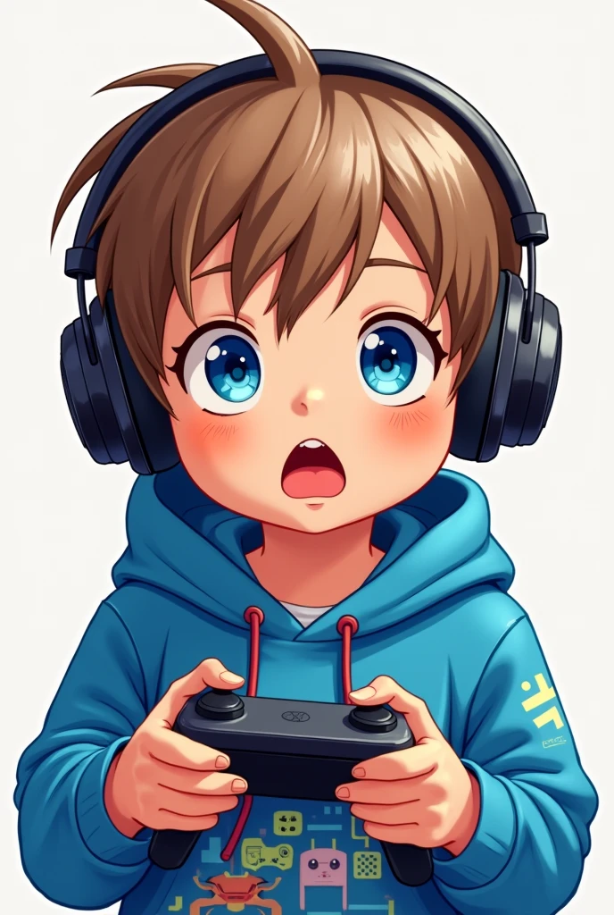 4 years old Young boy. He has light skin, short light brown hair with bangs. Blue eyes. He is wearing a blue hoodie with in gamming aesthetics, holding a joystick and with headphones. Character should be colorful and have a fun, friendly look, with exaggerated, expressive features. Big expressive eyes and surprised emotion in his face. Anime illustration, Realistic, oil