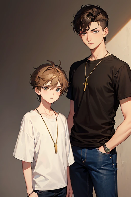 a 16-year-old boy, light brown hair short on the sides and long on top with a pompadour, brown eyes, black t-shirt, necklace with a gold cross, blue jeans, looking in profile directly at the viewer, white background