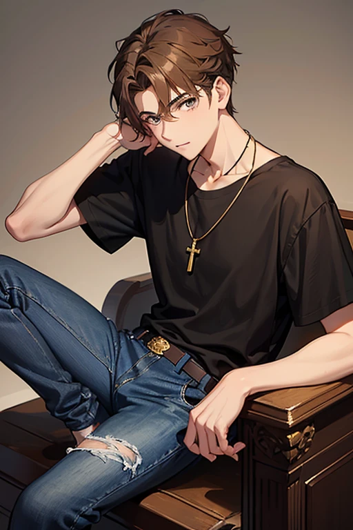a 16-year-old boy, light brown hair short on the sides and long on top with a pompadour, brown eyes, black t-shirt, necklace with a gold cross, blue jeans, looking in profile directly at the viewer, white background