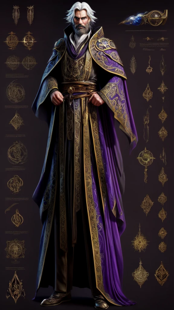 High quality, detailed, and realistic, master piece, character sheet, reference sheet. (Full body view from head to foot), simple dark color background, character sheet. A powerful, enigmatic alchemist in a fantasy TRPG setting. He has a tall, slender build with an aura of mysticism. his face is sharp and angular, with piercing eyes that seem to gaze into the very fabric of reality. He wears a long, flowing robe adorned with intricate alchemical symbols and arcane designs. In his hands, he holds an ornate alchemical apparatus, bubbling with colorful liquids. His hair is long and wild, giving them an otherworldly appearance. He exudes an air of arcane knowledge and alchemical mastery.
