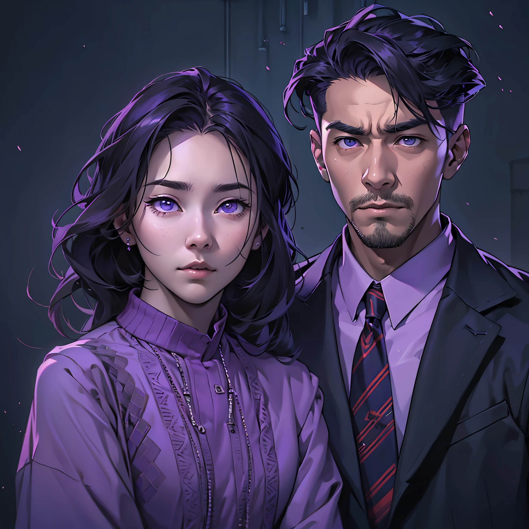 Inspired by the MBTI architect、A man and a woman, both wearing purple clothes, are looking intensely at the camera with serious expressions.。Create a mysterious atmosphere。