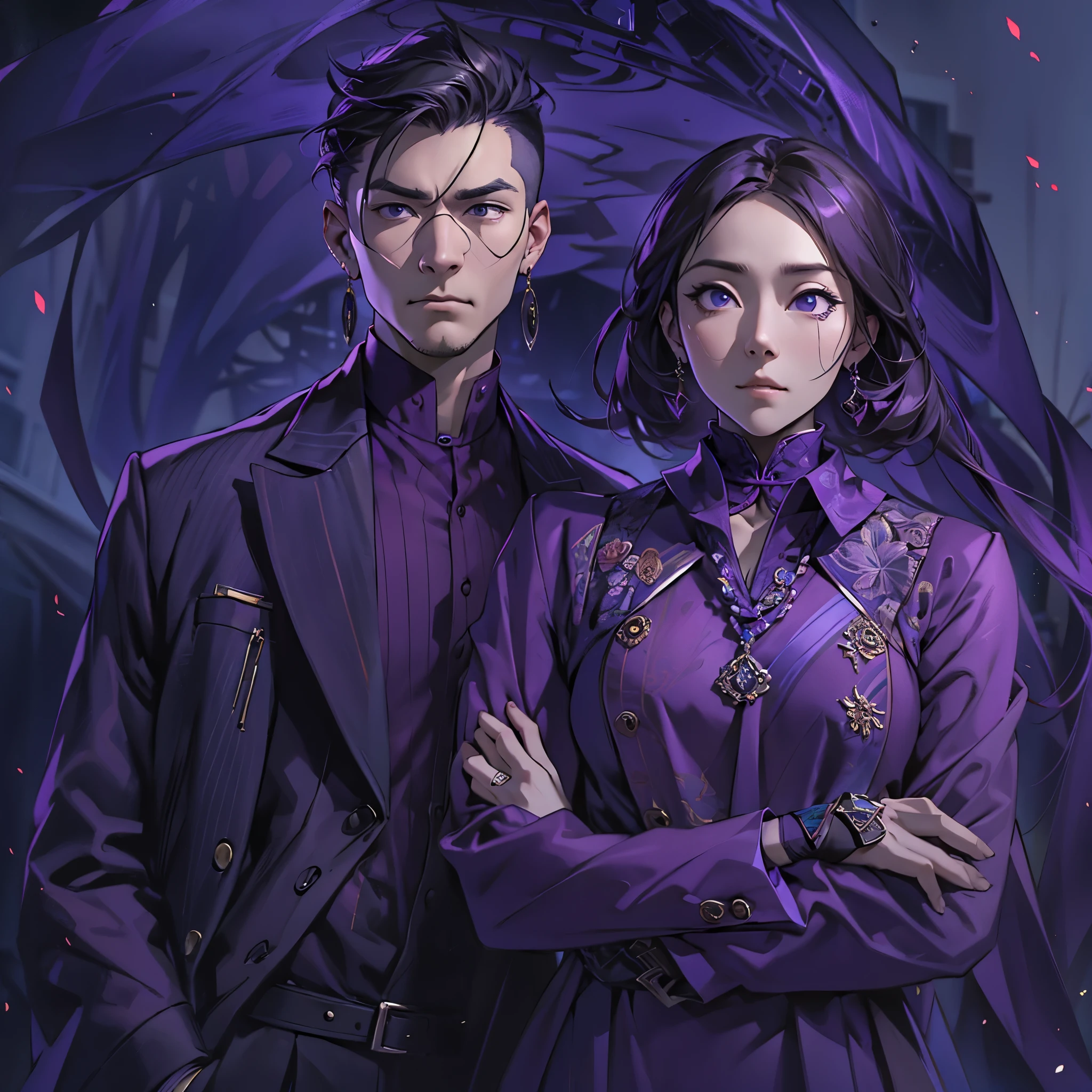 Inspired by the MBTI architect、A man and a woman, both wearing purple clothes, are looking intensely at the camera with serious expressions.。Create a mysterious atmosphere。