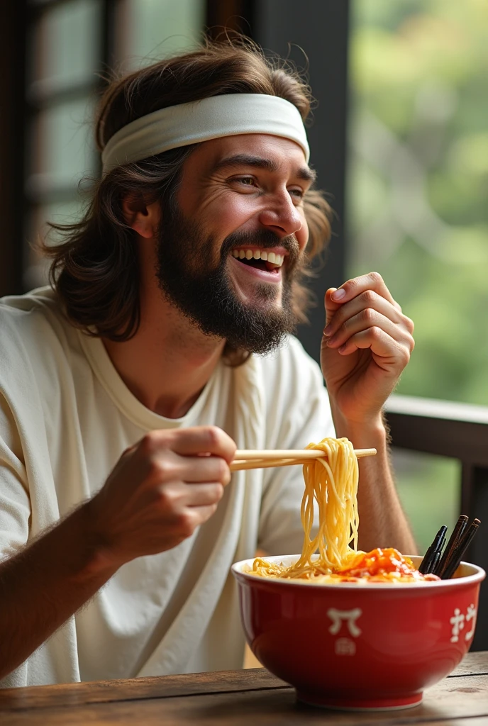 Jesus Christ eating cup ramen. He looks wise and wise and laughs happily. His face conveys deep wisdom and empathy, exuding warmth and understanding. He wears a white headband on his head and a white T-shirt and jeans. Jesus of Nazareth is depicted as a gentle, gentle man with shoulder-length hair. His wavy brown hair flows over his shoulders. The smiling face of the Japanese man next to her shows deep wisdom and empathy, and he is depicted as a kind-hearted Japanese man with a Buddha-like shaved head and a gentle, cheerful expression. they are shining. I am eating while sitting on the veranda of a Japanese-style room. The Japanese garden in the garden has a small pond with carp swimming around. Hibiscus is blooming. Photography, close-up, highly detailed, trending at the art station, sharp focus, studio shot, intricate details, Greg Rutkowski,
