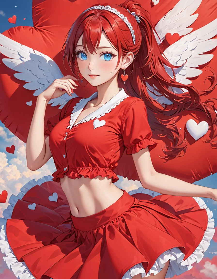 in red dress with heart shaped wings sticking out of her skirt, single girl, alone, one eye closed, jewelry, hair band, ponytail, red hair, heart, looking at viewer, blue eyes, long hair, earrings, short shirt, belly, red shirt