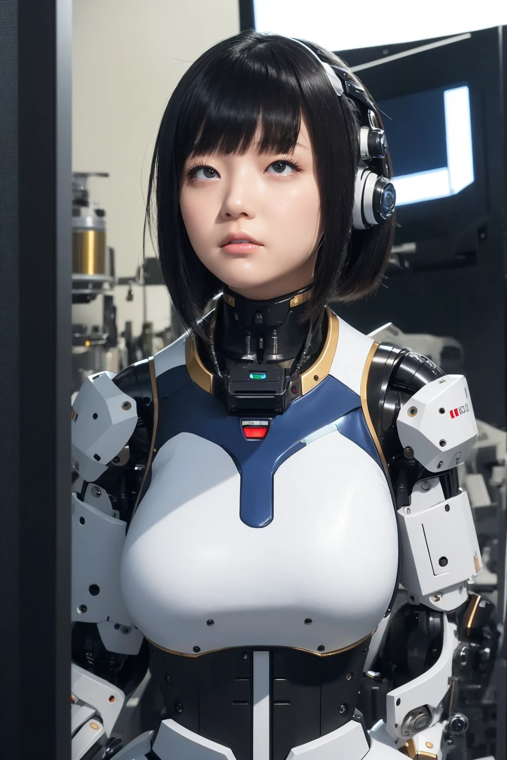 masterpiece, best quality, extremely detailed, Japaese android girl,portrait,Plump,a bit chubby,control panels,android,Droid,Mechanical Hand, Robot arms and legs, Black hair,Blunt bangs,perfect robot girl,long tube,thick cable connected her neck,android,robot,humanoid,cyborg,japanese cyborg girl ,robot-assembly plant,She is assembling now,assembly scene,rolling eyes,chest monitor,rolling eyes