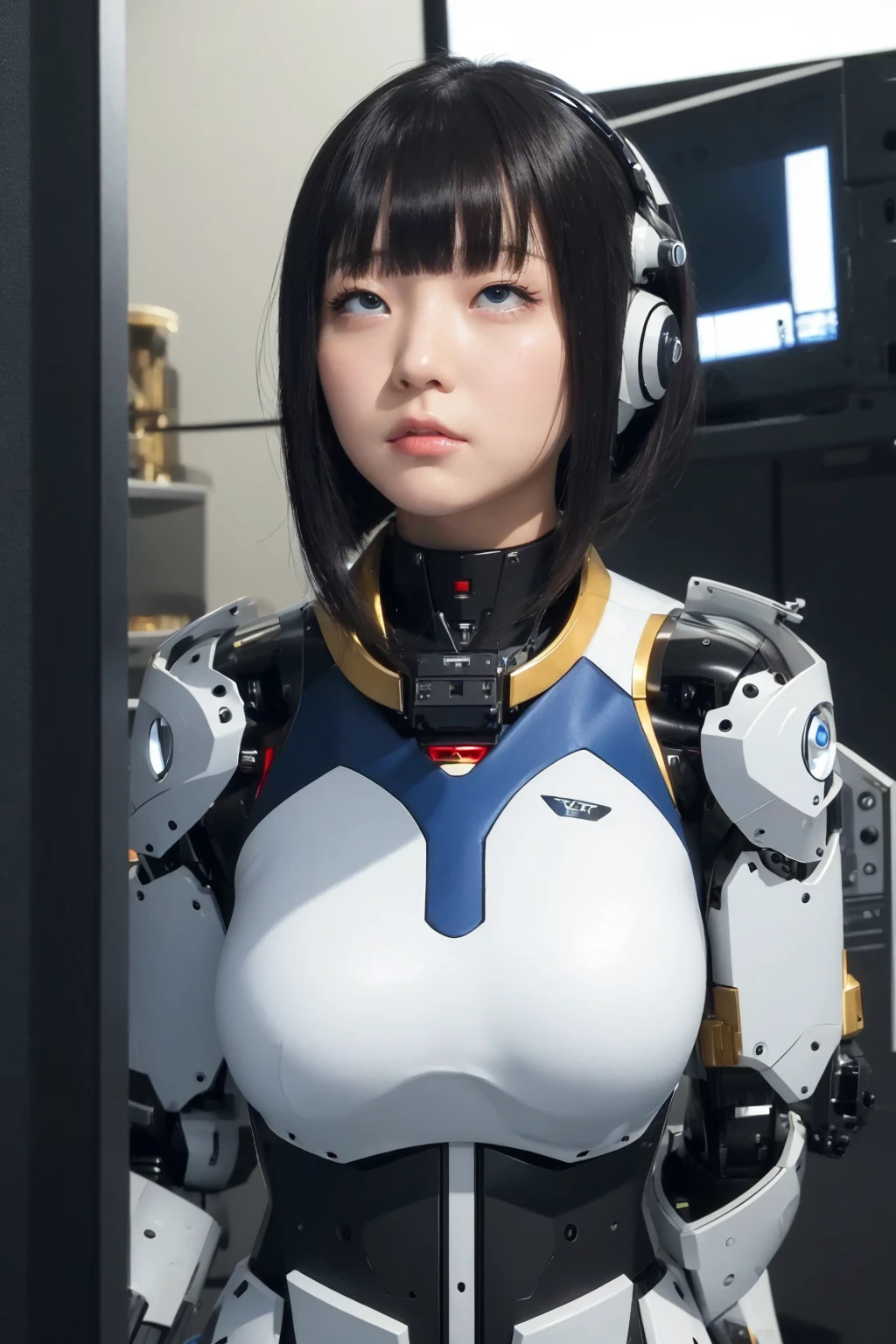 masterpiece, best quality, extremely detailed, Japaese android girl,portrait,Plump,a bit chubby,control panels,android,Droid,Mechanical Hand, Robot arms and legs, Black hair,Blunt bangs,perfect robot girl,long tube,thick cable connected her neck,android,robot,humanoid,cyborg,japanese cyborg girl ,robot-assembly plant,She is assembling now,assembly scene,rolling eyes,chest monitor,rolling eyes