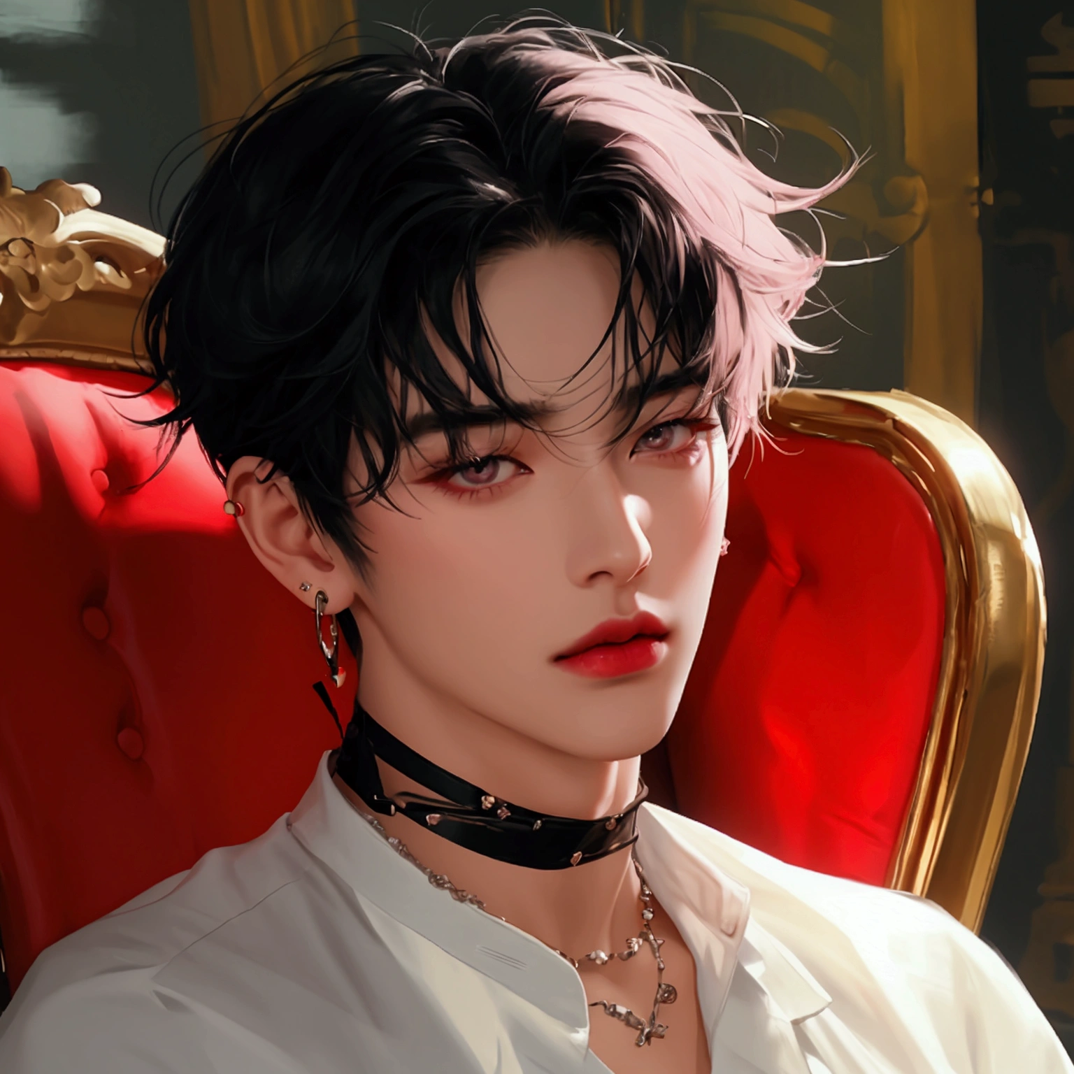 Korean male stars, not too small face structure, long eyelashes, short hair, black hair, light pink lipstick, velvet lipstick texture, equal eyes, high nose, wearing a black necklace, black earrings, wearing a white shirt, wearing white pants, sitting on a red chair.