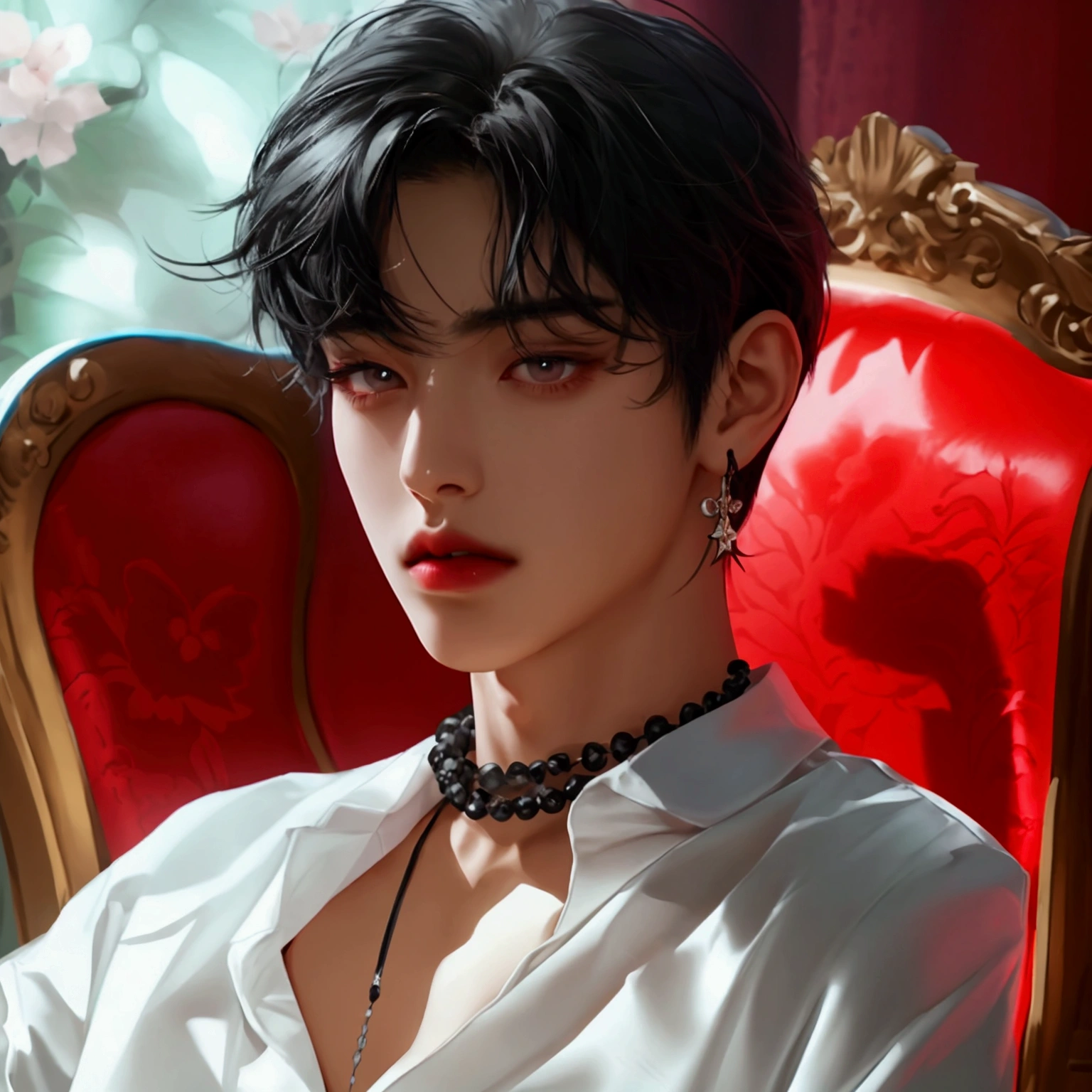 Korean male stars, not too small face structure, long eyelashes, short hair, black hair, light pink lipstick, velvet lipstick texture, equal eyes, high nose, wearing a black necklace, black earrings, wearing a white shirt, wearing white pants, sitting on a red chair.