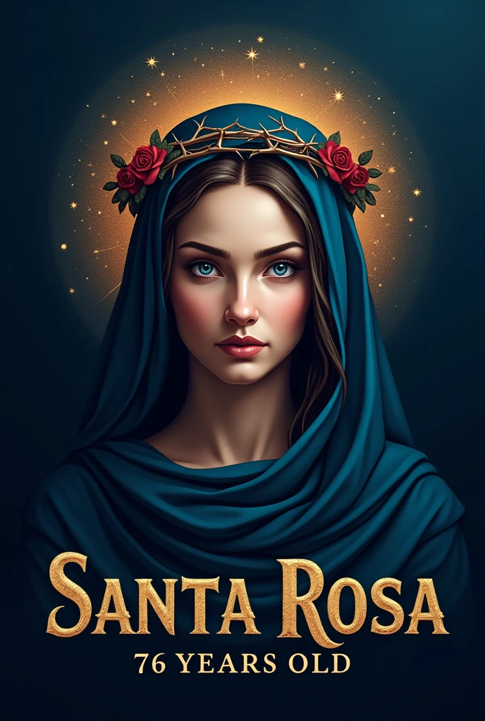 Create a logo for Santa Rosa, A woman with an angelic face wearing a dark blue saint's robe and a crown of thorns and roses on her head on a blue background with the phrase "76 years old" in gold color