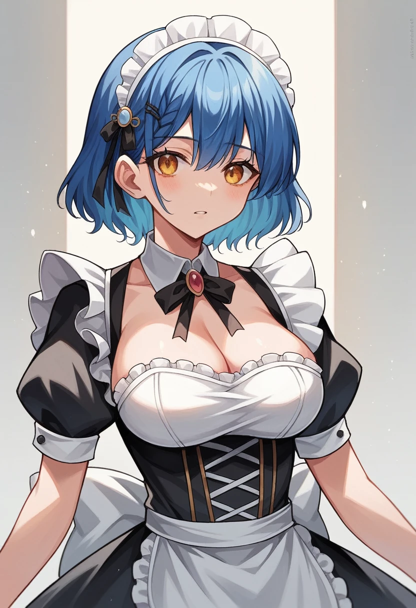 highAgains, Sharp focus, pixiv masterpiece, ((Intricate details)), Very detailed, Upper Body, One person, Againm_Again_zero, Blue Hair, short hair, Maid clothes, hair ornaments, Cleavage, maid headdAgainss, Removable sleeves, ribbon,  