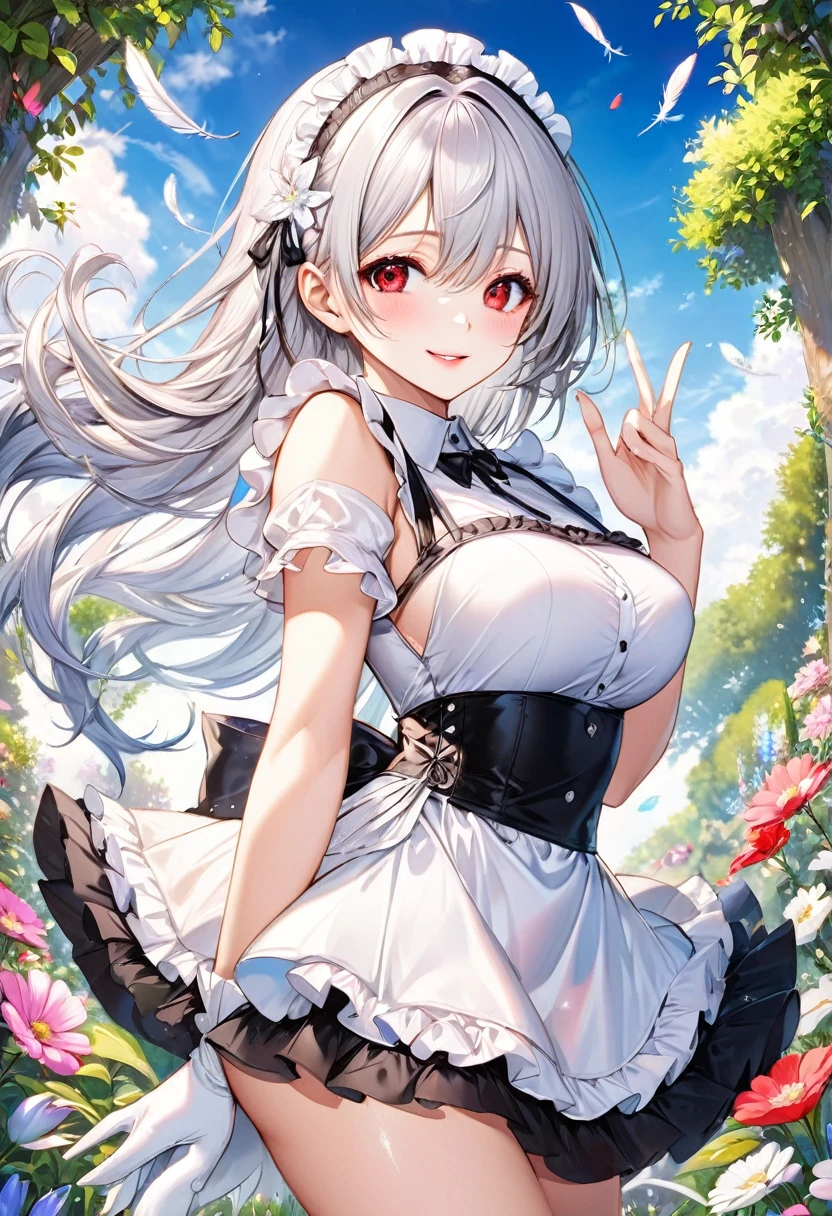 (beautiful sexy Married Woman style), (best master Peace sign hand) (solo:2, 24 yo), (dynamic pose), (immensely beautiful skin), (beautiful detaileds hime-cut) (beautiful detailed silver hair, very beauty long hair) (best sexy woman, best sexy red eyes, glossy lip, best love smile, beautiful sexy big tits), in a immensely elegant summer Frills maid dress with exposure white Feather, break, in the beautiful enchanted garden, background beautiful summer sky, BREAK, perfect anatomy, masterpiece, best quality, beautiful detailed pastel color, daydreaming expression.