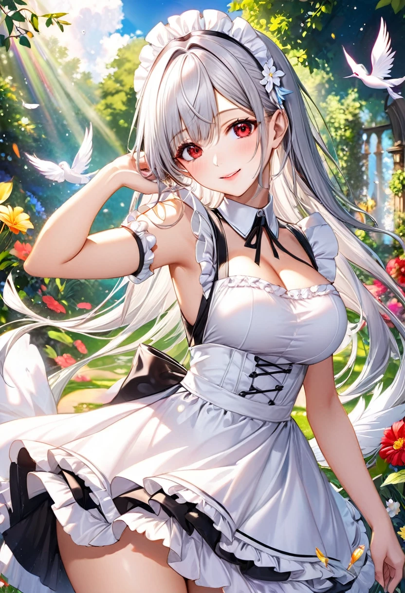 (beautiful sexy Married Woman style), (best master Peace sign hand) (solo:2, 24 yo), (dynamic pose), (immensely beautiful skin), (beautiful detaileds hime-cut) (beautiful detailed silver hair, very beauty long hair) (best sexy woman, best sexy red eyes, glossy lip, best love smile, beautiful sexy big tits), in a immensely elegant summer Frills maid dress with exposure white Feather, break, in the beautiful enchanted garden, background beautiful summer sky, BREAK, perfect anatomy, masterpiece, best quality, beautiful detailed pastel color, daydreaming expression.