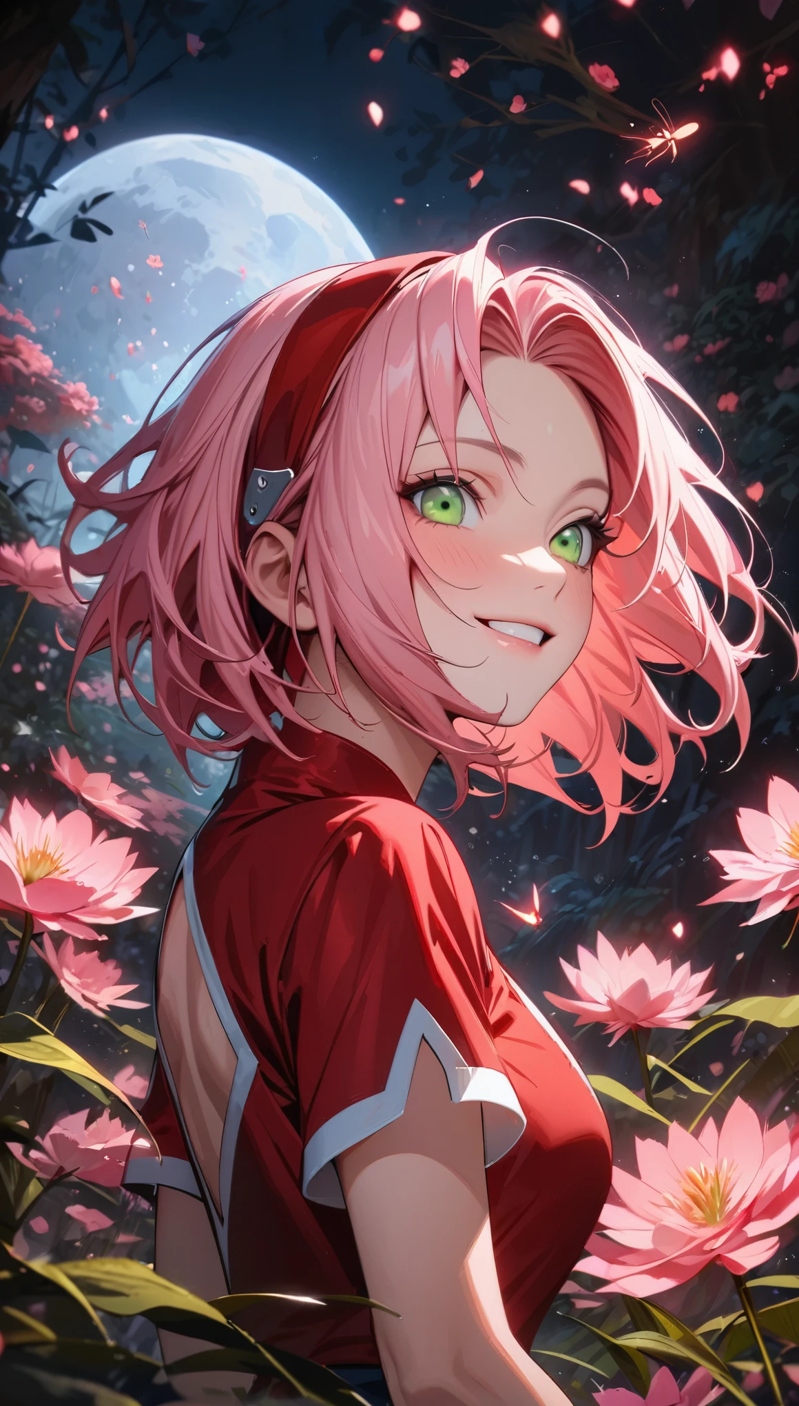 Super detailed, High resolution, Absurd, High resolution, masterpiece, Haruno sakura, Pink Short Hair, expressive green eyes, Naruto Shippuden, Pink Flower, petal, fire Fly, moon, woman, alone, Very beautiful, Highly detailed face and eyes, Highest quality, Red clothes, smile