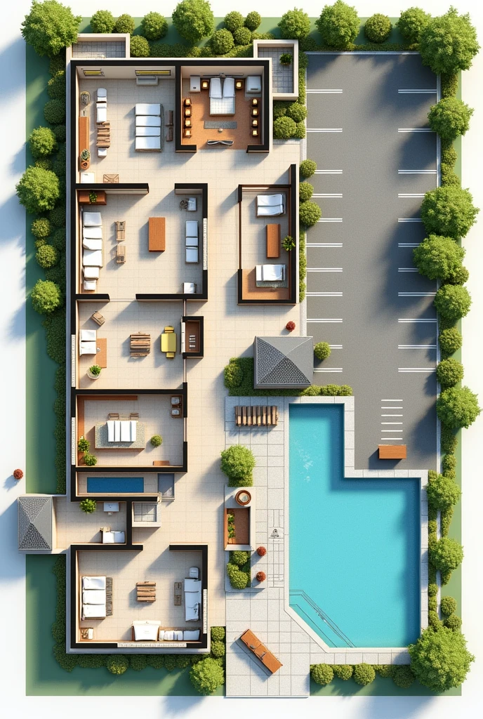 2D floor plan of a hotel showing the reception area first, The restaurant space, The recreation space, The L-shaped parking lot One part in front and the rest alongside, guest rooms, A SPA room, An area for people with disabilities, The pool, Connection with green areas, That can be like an open space