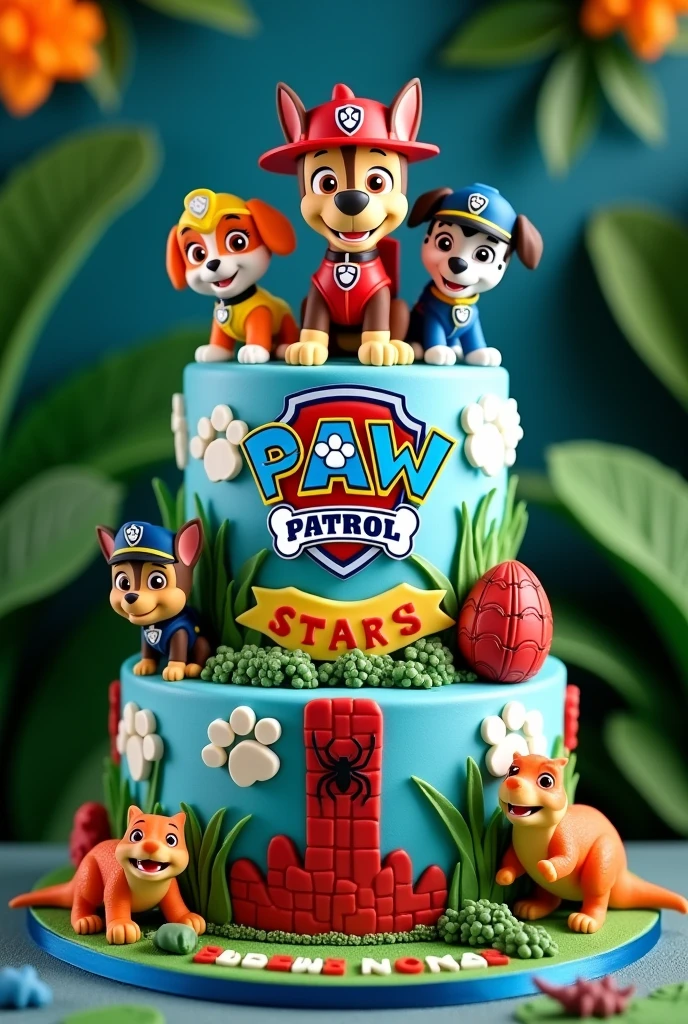 Paw Patrol themed birthday cake, spiderman and dinosaurs
