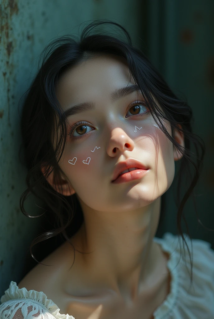 There is an 18-year-old woman in the room.。There are heart patterns on the eyes and it looks at me with its eyes looking up.