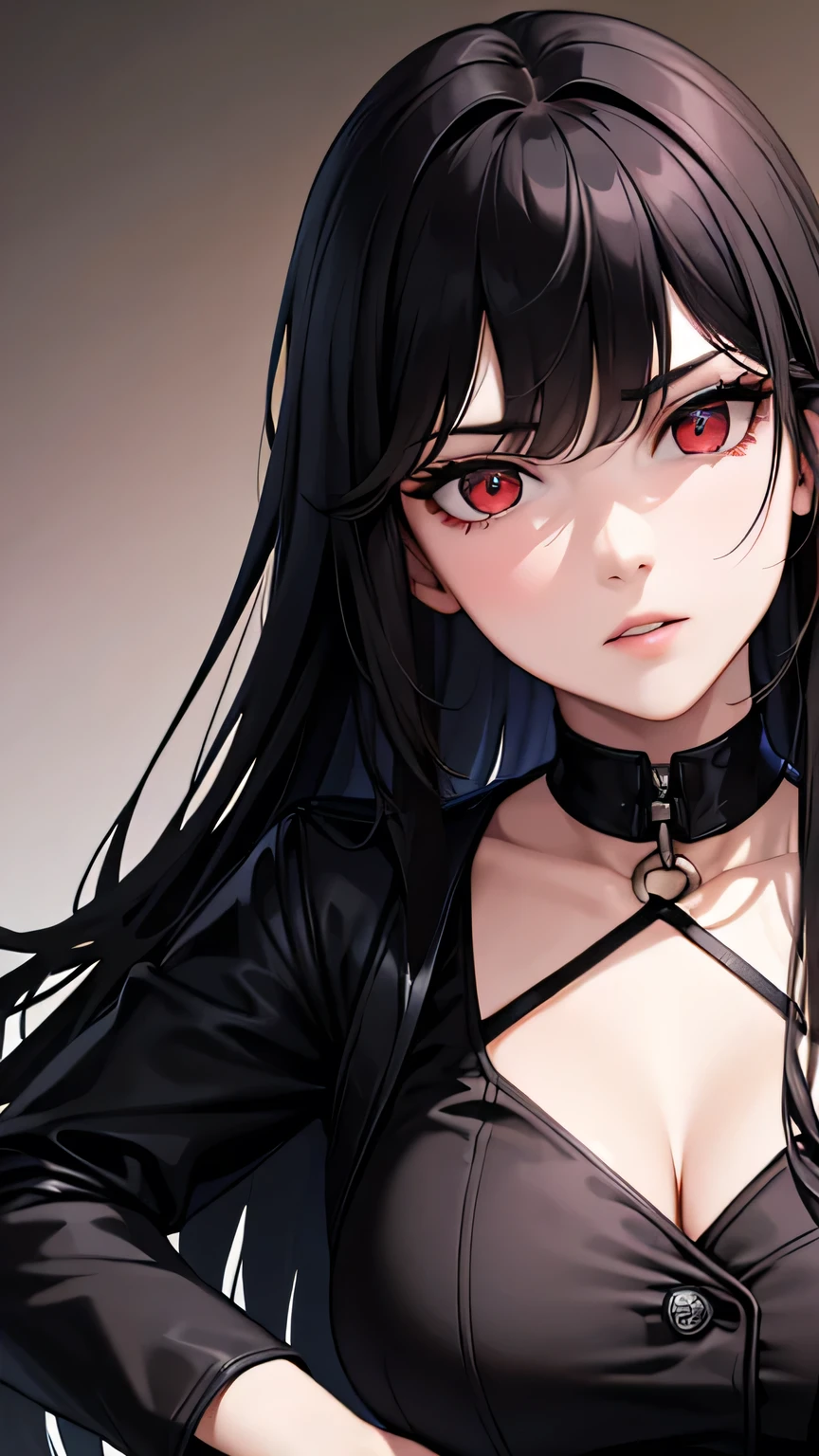 ((Highest quality)), Ultra-high resolution,Adult women, alone, sexy, (Stern face), (Red eyes), Beautiful face in every detail,(High resolution detail of human skin texture), (Black irregular long hair), Black coat,Suit pants,A mercenary woman,(have a gun in hand),Realistic:1.4,Realistic:1.4,Dark Warehouse,((masterpiece)),Perfect and detailed eyes,Waist up shot