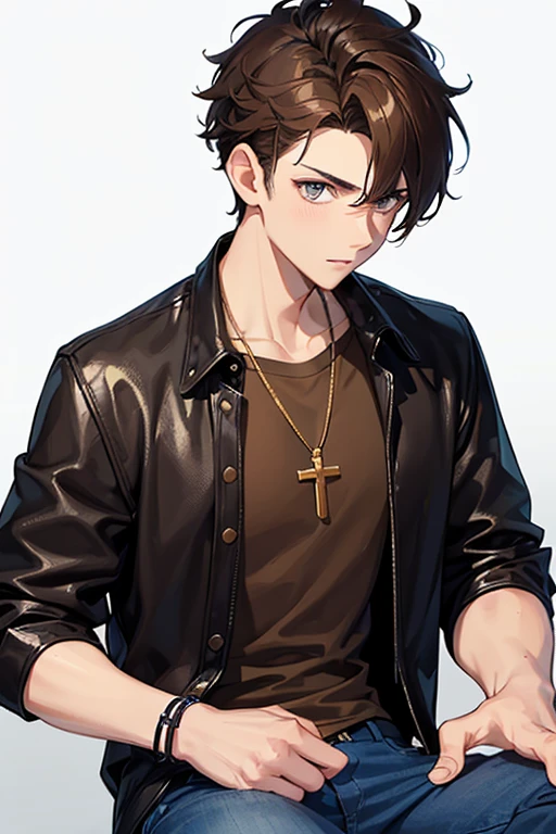a 16-year-old boy, light brown hair short on the sides and long on top with a pompadour, brown eyes, black t-shirt, necklace with a gold cross, blue jeans, looking in profile directly at the viewer, white background