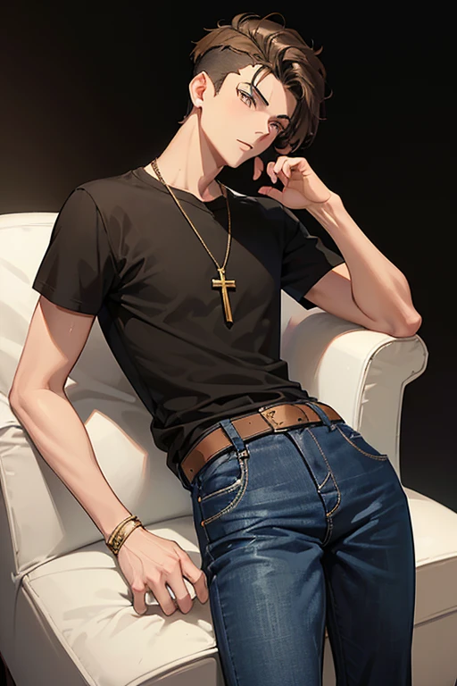 a 16-year-old boy, light brown hair short on the sides and long on top with a pompadour, brown eyes, black t-shirt, necklace with a gold cross, blue jeans, looking in profile directly at the viewer, white background
