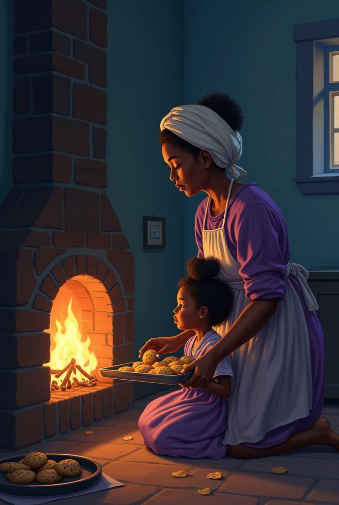 A warm and tender moment between a girl (the narrator) and his maternal grandmother. the grandmother, a strong and resilient figure, He is standing next to an oven chimney and next to him is a tray of cooked cookies and in his hands another one about to be put in the oven., it&#39;s late at night, Grandma is baking cookies. The firelight softly illuminates the room, projecting warm tones on their faces. The girl, sitting next to him, He looks at his grandmother with admiration and love, holding a piece of a freshly baked cookie. In the background, You can feel the fatigue and hard work, perhaps with the faint outline of the rest of the house in the dark, indicating the late hour. The atmosphere should evoke feelings of both warmth and sadness., highlighting the grandmother&#39;s strength and hope despite the heavy burden of slavery.
(The grandmother&#39;s clothing is a purple dress and on her head she wears a white cook&#39;s turban.)
This image would capture both love and resilience in the face of adversity.