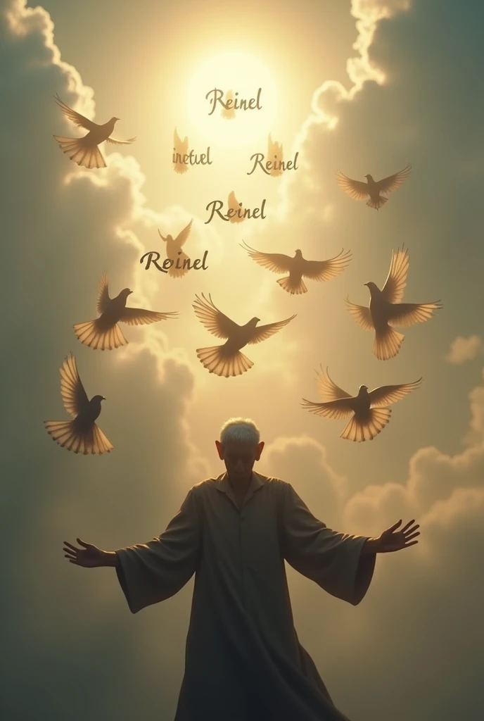 Image with the silhouette of an older man going up to heaven and doves with the name of Reinel