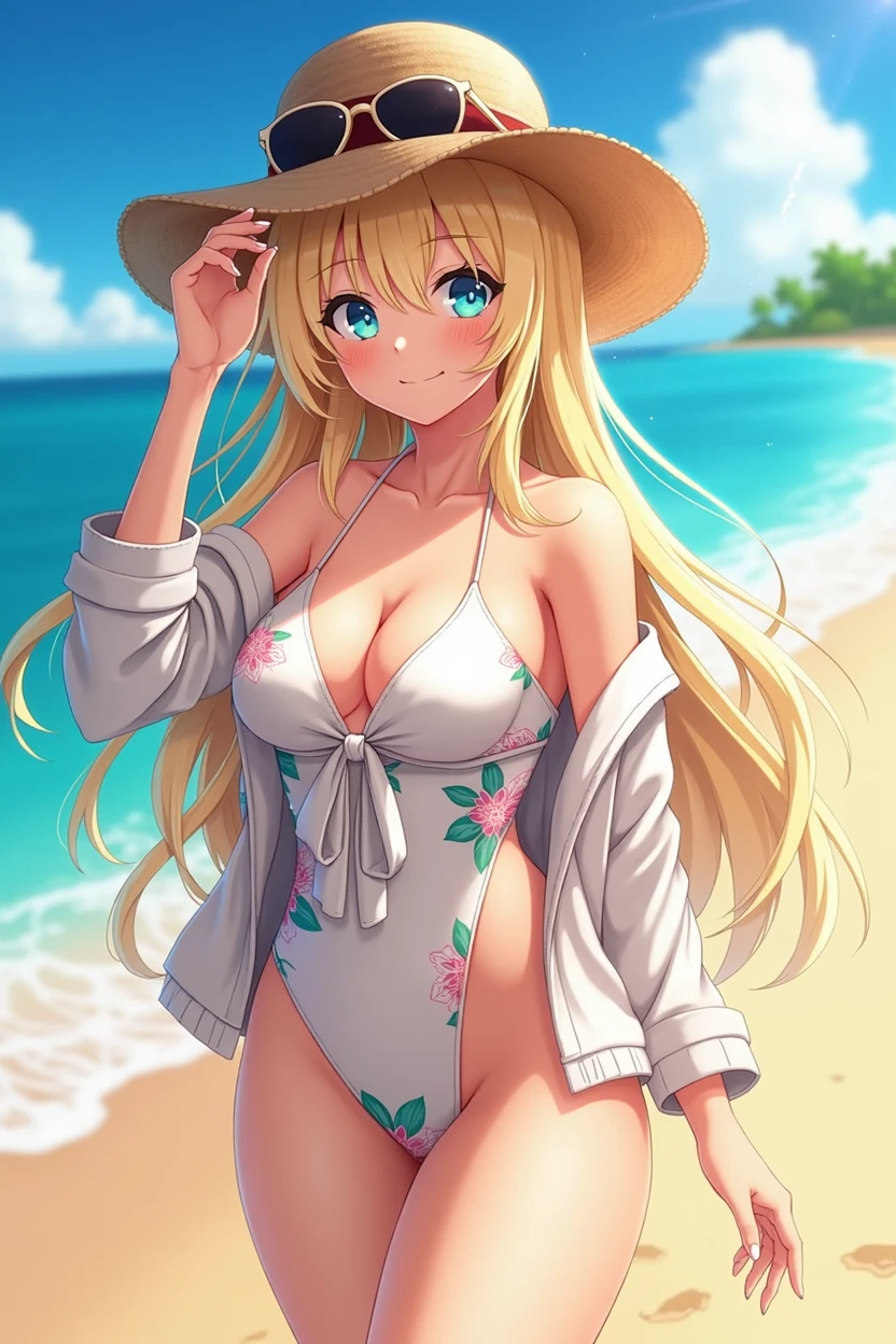 Best quality, detailed, 4k, master piece, (photoanemism:1.2), beautiful anime girl, blonde hair, long hair, blue beautiful eyes, long eyelashes, at Beach, Straw hat with sunglasses, fashionable white flowery swimsuit with unique design, tied jacket , Long angle that focuses on the girl, special effects, fashionable pose, take reference: https://www.cdjapan.co.jp/product/NEOGDS-407642