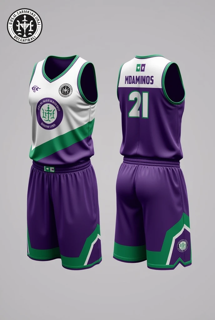 To design a basketball uniform using this logo of the San Josemaría Escrivá Educational Unit, I suggest the following:

### 1. **colors principales:**
   - **purple and white:** Use purple as the main color, since it is predominant in the logo, and white as a secondary color to contrast. You can use white for numbers, names and details.
   - **green:** Consider green as an accent color, perhaps on the side lines or the edges of the uniform.

### 2. **upper part (Jersey):**
   - **frontal:** Place the logo in the center or on the left side of the chest. Below the logo, you can add the team or school name in a simple and readable style.
   - **back:** The numbers can go on the back with a large and clear size, using white or purple depending on the background. The player&#39;s name can go above the number, also in white.

### 3. **Bottom (Shorts):**
   - **colors:** Use purple as the base color, with details in white or green. You can include the logo on one of the sides of the shorts or on the bottom.
   - **Details:** Consider adding a line or pattern on the sides of the shorts in green, to give it a distinctive touch.

