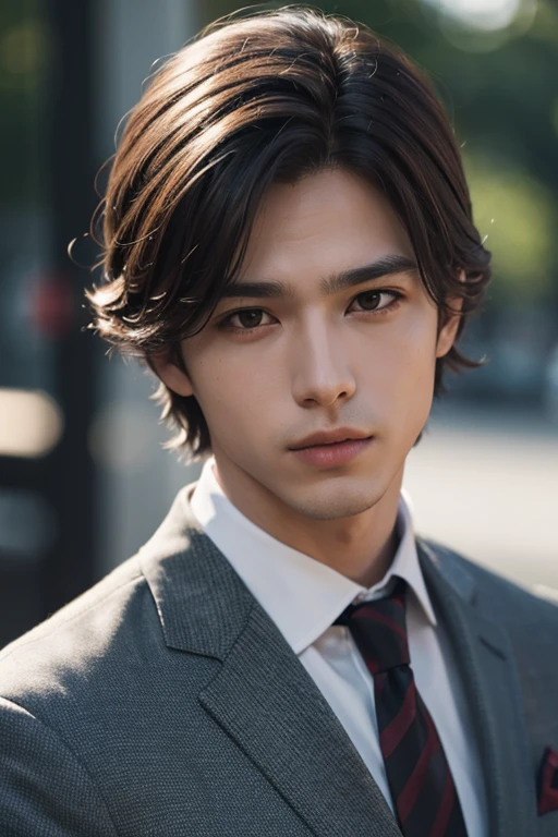 Man smoking cigarette、Boy with brown hair、wearing a suit and a tie、A photo with the body and head in a straight line, Turn the photo to face the viewer, Focus on the lens, In the photo you can see the shoulders and head, Man in the center of the photo, 8k, Highest quality, Tabletop, Realistic, Realistic photo, Cinematic photography, ultra Realistic, Perfect lighting, dsrl, Professional photos, 4K Muscle