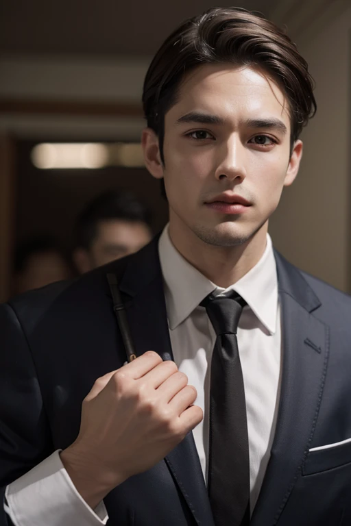 Man smoking cigarette、Boy with brown hair、wearing a suit and a tie、A photo with the body and head in a straight line, Turn the photo to face the viewer, Focus on the lens, In the photo you can see the shoulders and head, Man in the center of the photo, 8k, Highest quality, Tabletop, Realistic, Realistic photo, Cinematic photography, ultra Realistic, Perfect lighting, dsrl, Professional photos, 4K Muscle