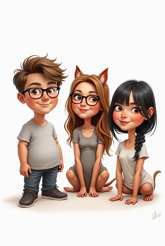 Draw three people as a caricature but as if they were dogs based on their characteristics., The first is Samuel, A 20 year old boy, stomach 1.80 meters, He is fat and has very short hair, wear square glasses. The second is Magda, a 20 year old girl stomach 1.57 meters, She has long hair and slightly light brown bangs and the last person is Maria, a 20 year old girl, stomach 1.70 meters, He has short black hair, He also has freckles.