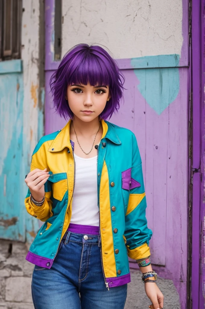 girl, short purple hair, sad, dancing, colorful outfit