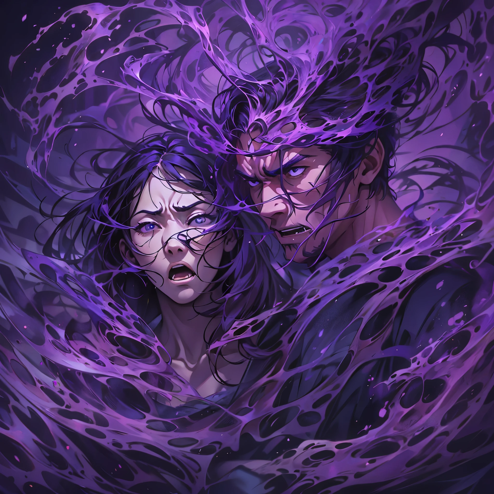 Inspired by the MBTI architect、A man and a woman, both wearing purple clothing, are furious, their faces contorted in anger.。Create a mysterious atmosphere。