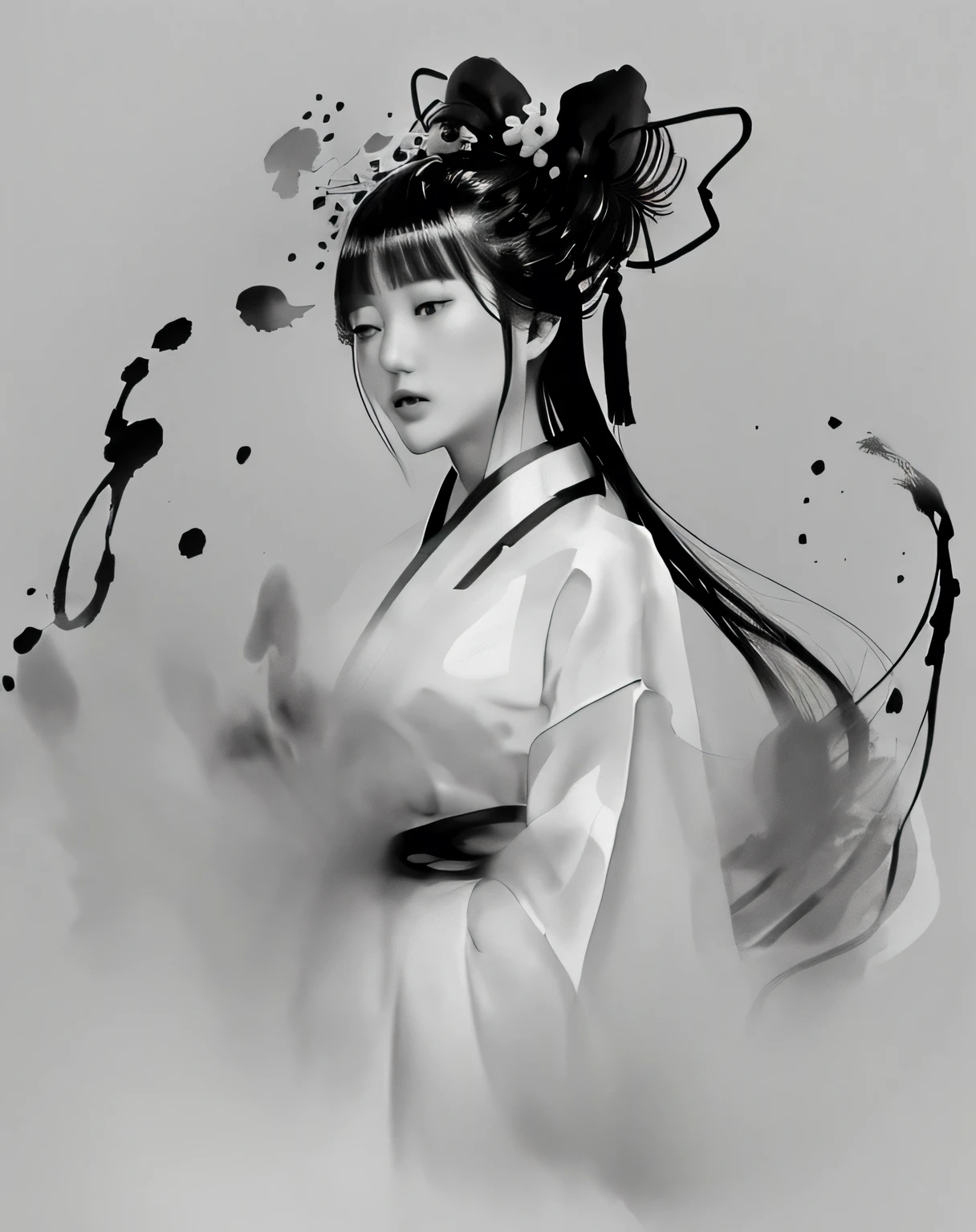 zydink, black and white, ink sketch, 1 woman, Asian (old woman), (white hair), gentle expression, kind, sewing, long hair, hanfu, Chinese clothes, long sleeves, (splash of ink Abstract: 1.2) White background