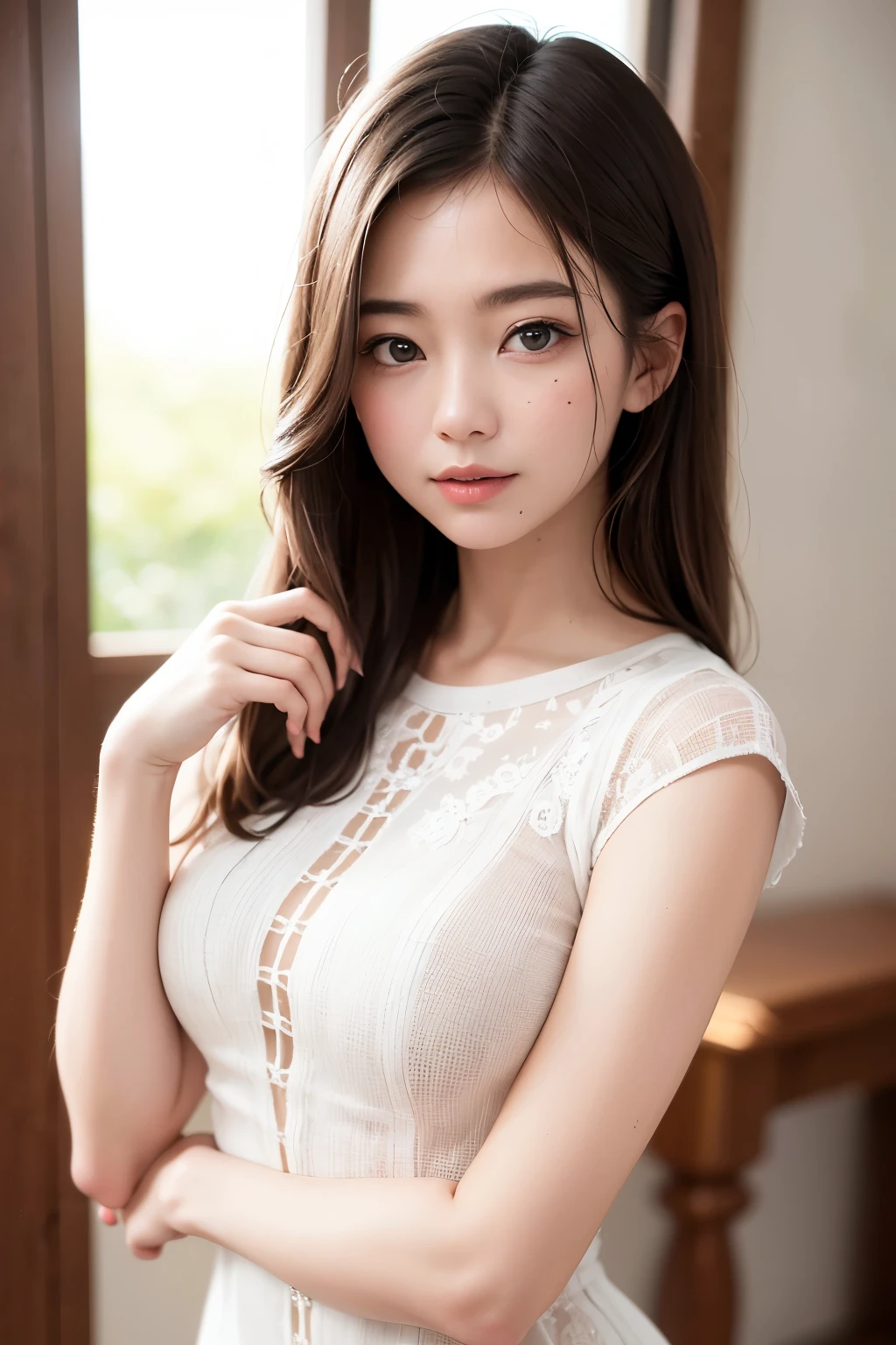 (masterpiece, Highest quality),one person's, alone, hyper Realistic, Realistic,Realistic, Looking at the audience, Light brown eyes:1.4,Brunette Short Bob Hair with highly detailed shiny hair, Brightly colored winter clothes, Lepangas:1.4), Plein Air, Mouth closed, Upper Body、big chest eye、eyelash、{Huge|big|非常にbig|Mega} chest:2, chestの谷間:2、{Huge|big|expensive|Mega} chest:2, chestの谷間:2、The large windows overlook the strait valley..、(((big chest eye、Short Bob Hair、Glowing Skin、Shiny Hair、Student Highlights、Gazing at the audience、She is very beautiful and cute、Listen carefully、Long neck、smile、Close your mouth and smile、bangsと美しい歯、bangs、Perfect Anatomy)))、Ideal body type、(Snowy tree-lined road in winter in Norway, Out of focus background)、美しいLong neck:1.4、Very attractive, 美しくてかわいいVery attractive女性、
