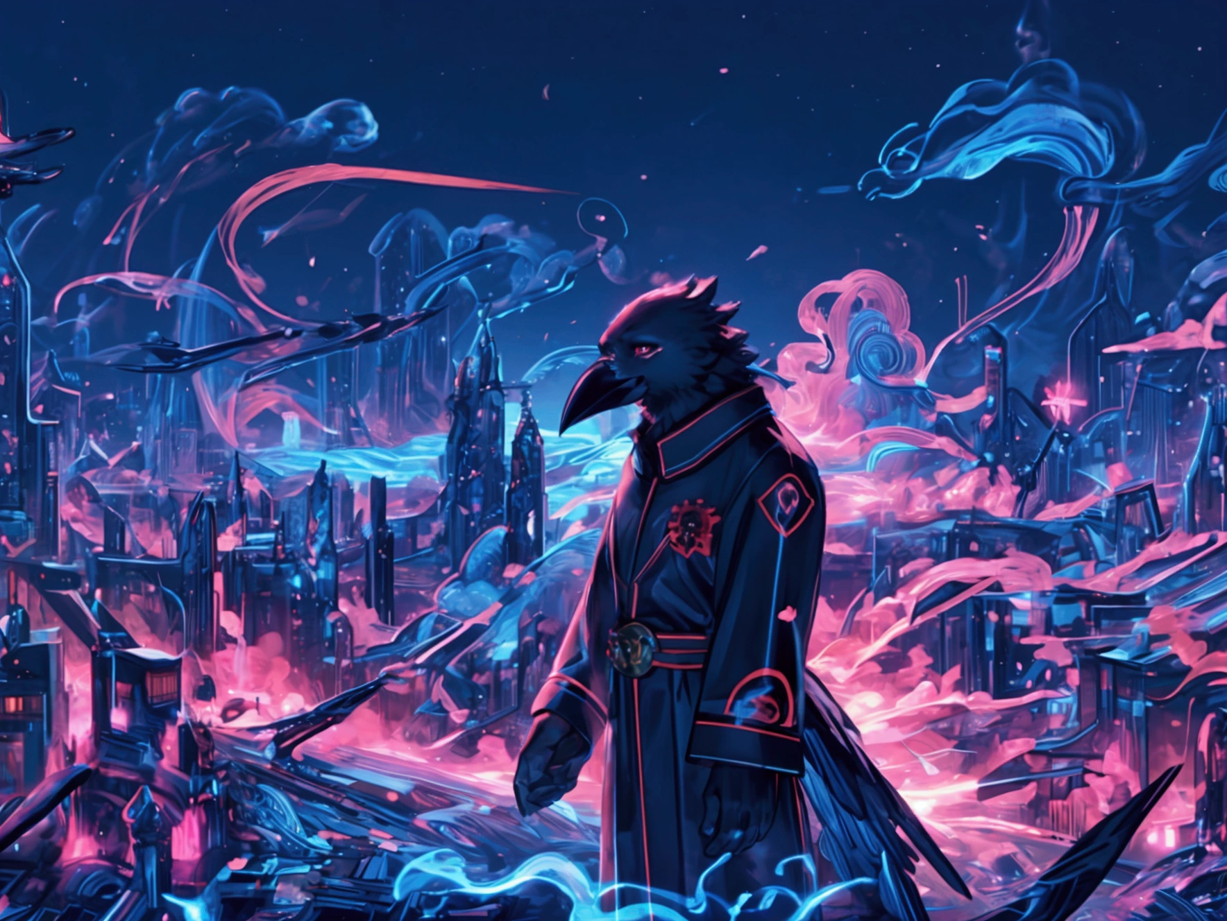 masterpiece,epic,corvid, smiling in a sadistic and disturbing way, priest's suit with red stripes, red vest under the trench coat, round red glasses, background of vapor waves,the universe in hands.