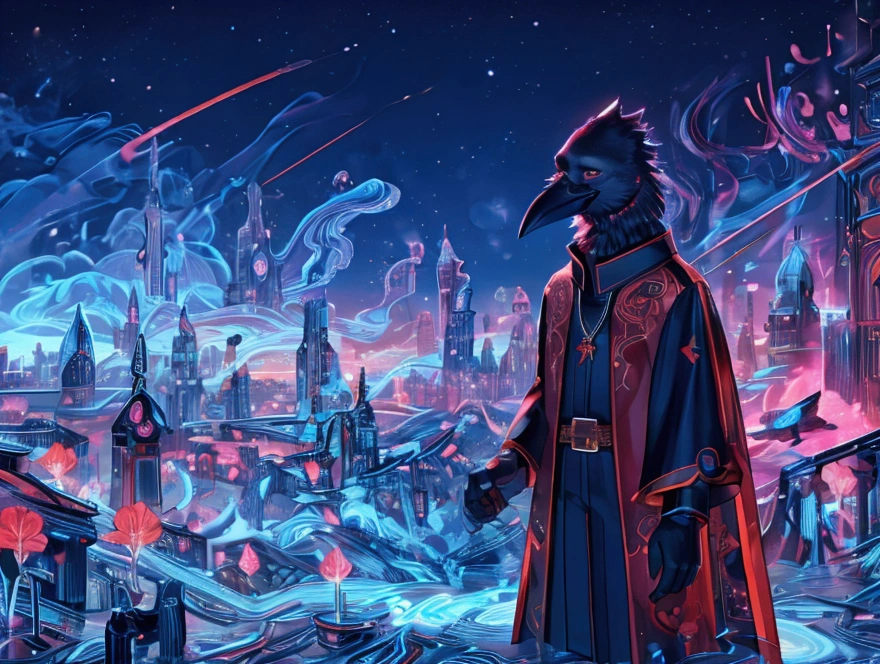 masterpiece,epic,corvid, smiling in a sadistic and disturbing way, priest's suit with red stripes, red vest under the trench coat, round red glasses, background of vapor waves,the universe in hands.