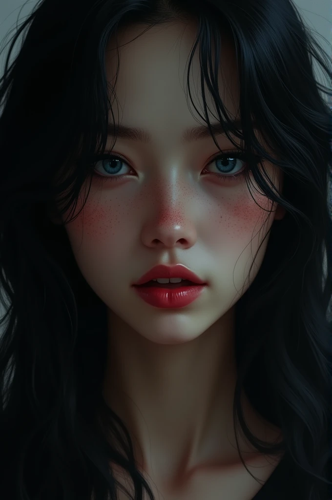 black hair woman, inconspicuous freckles, blue eyes tending to black, intense and killer look, thick and reddish lips 