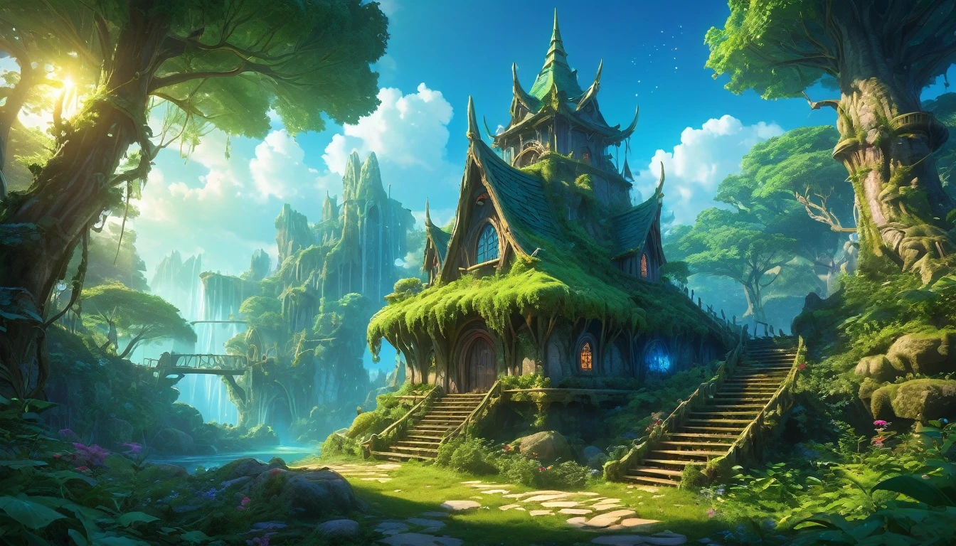 (anime, fantasy, fairy house), (detailed CG unity 8k wallpaper, masterpiece, best quality, ultra-detailed, HDR:1.2), vibrant colors, An ancient elven ruin in an enchanted bioluminescent forest. magical forest, majestic, enchanted, beautiful, undiscovered, highly detailed landscape