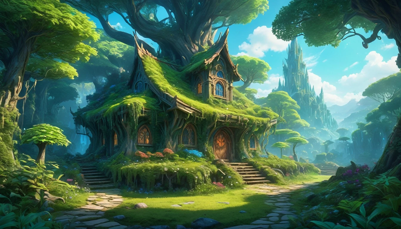 (anime, fantasy, fairy house), (detailed CG unity 8k wallpaper, masterpiece, best quality, ultra-detailed, HDR:1.2), vibrant colors, An ancient elven ruin in an enchanted bioluminescent forest. magical forest, majestic, enchanted, beautiful, undiscovered, highly detailed landscape