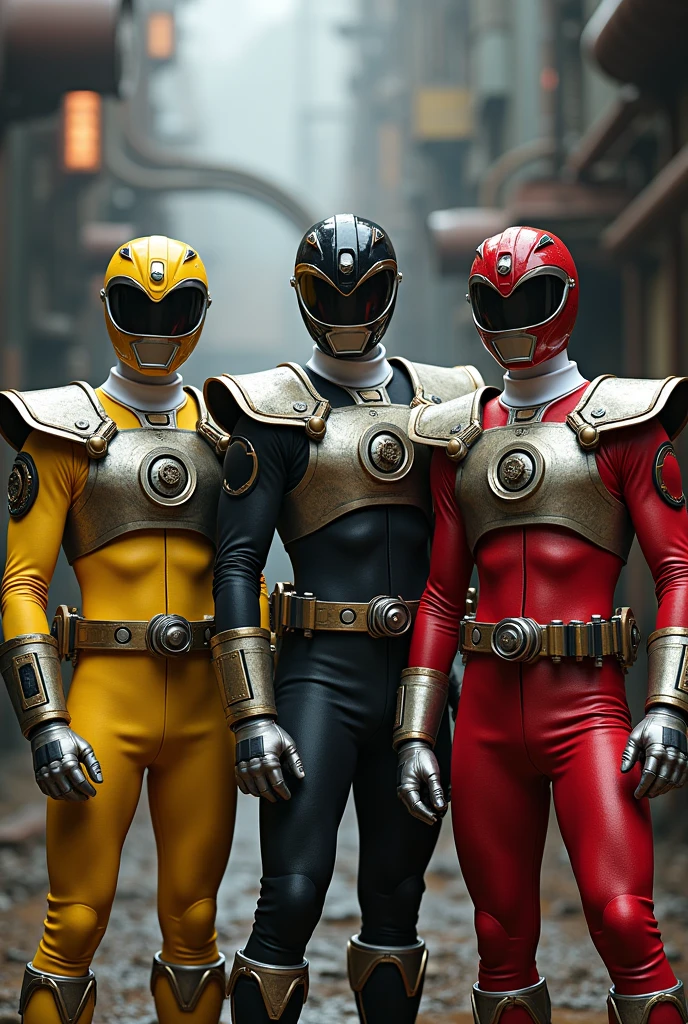(photorealism:1.2), Train themed Steampunk Red Power Ranger with head lamp, Train themed Steampunk Blue Power Ranger with head lamp, Train themed Steampunk Green Power Ranger with head lamp, Train themed Steampunk Yellow Power Ranger with head lamp, Train themed Steampunk Pink Power Ranger with head lamp, Train themed Steampunk Gold Power Ranger with head lamp and metal shoulder epalauts