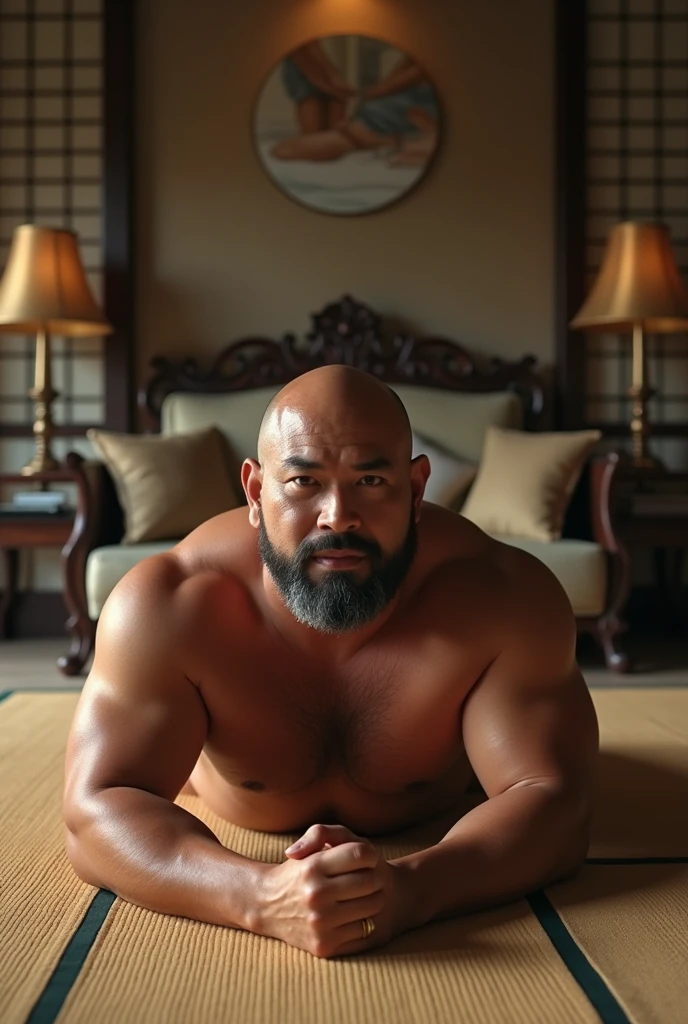 (highest quality:1.5), (masterpiece:1.5), night, luxurious Japanese room, living, 1 man, (Japanese:1.2), bald hair, [short beard:0.9], hot guy, macho, (huge body:1.5), (fat:1.4), 45 years old, (Completely :1.2), sleeping on the floor face up, (shoot from front:1.3),  