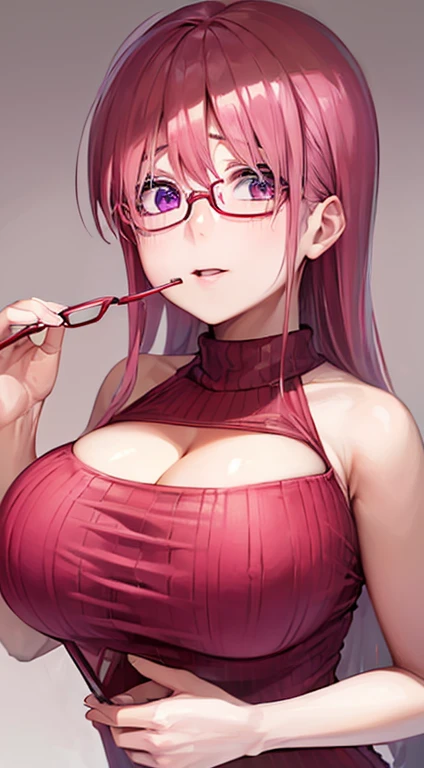 Pink Hair、Long Hair、Purple Eye、very, very big breasts、Nipples、breast milk squirting、Erect nipples、Face after climax、smile、Soaking wet、Peeing、Mole on upper chest、Nipple Pochi、((teacher))、(Nipples)、(((Red-rimmed glasses)))