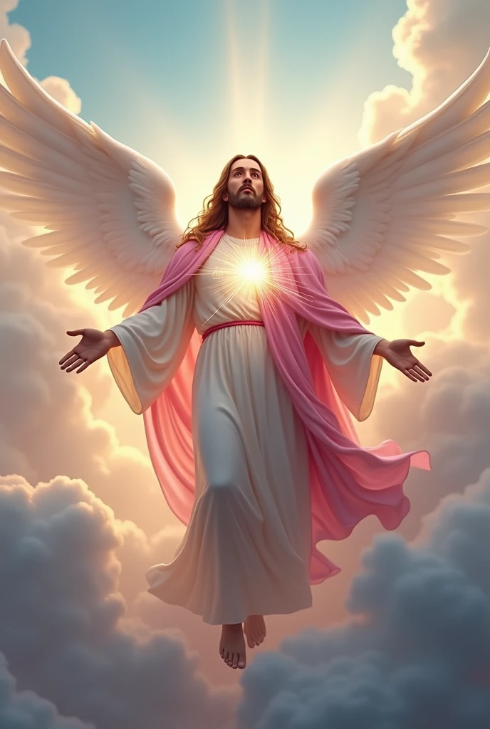 (photorealism:1.2), handsome Jesus Christ, floating in the sky with bigger white wing behind, the light in his head and heart sparkling all over, wearing the king pink color of clothes and crown in the clouds of heaven, elegant king clothes, long nice hair, outdoors, soft lighting, five fingers, two hands, clouds and blue sky in a background, brighter sunlight, perfect face of Jesus Christ, relaxed pose, realistic, intricate details, warm colors,