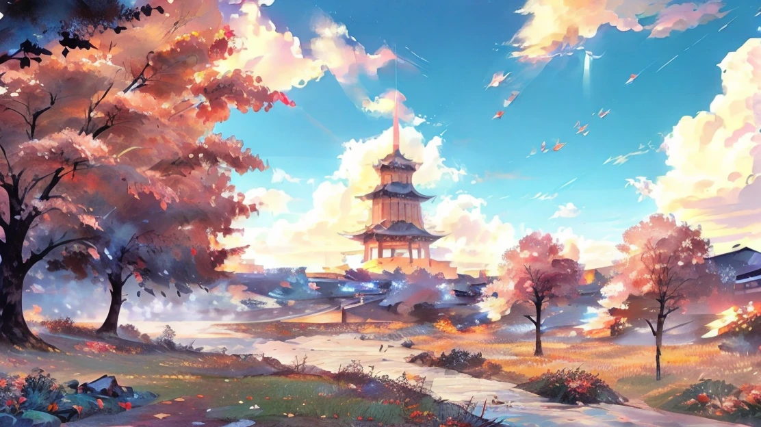 landscape,Japanese style,A tram slowly enters the picture,There are beautiful cherry blossoms on both sides\(Cherry blossoms gradually fall),There are two figures in the distance\(a boy,A girl),Wind blowing through the grass,绝美landscape,Japanese style,Detail control,Professional perspective,masterpiece,(Very detailed wallpaper),(best quality)