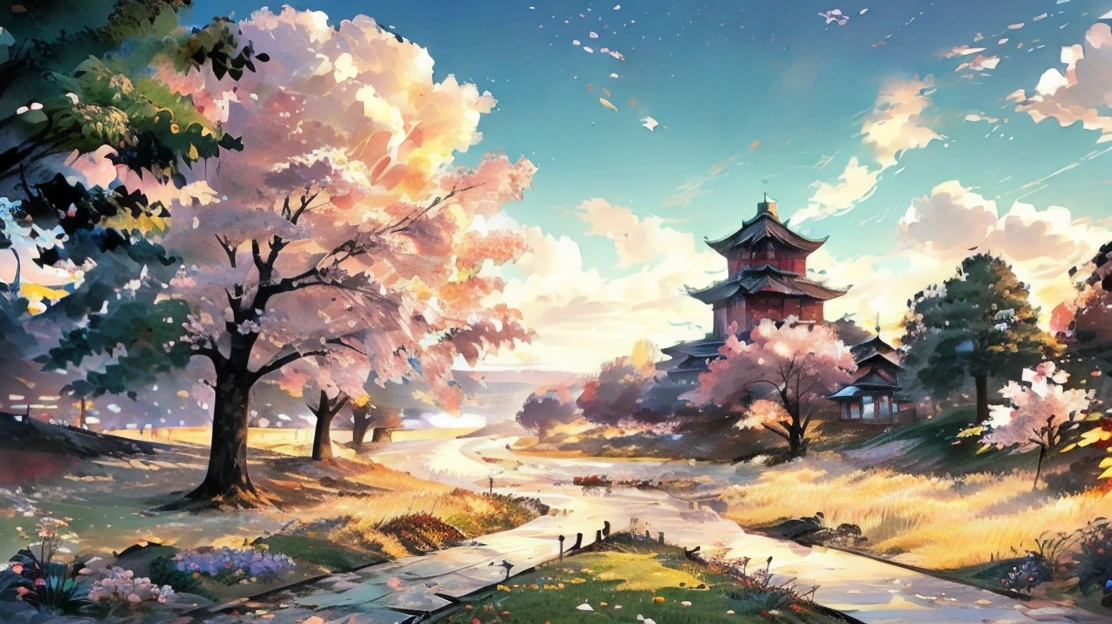 landscape,Japanese style,A tram slowly enters the picture,There are beautiful cherry blossoms on both sides\(Cherry blossoms gradually fall),There are two figures in the distance\(a boy,A girl),Wind blowing through the grass,绝美landscape,Japanese style,Detail control,Professional perspective,masterpiece,(Very detailed wallpaper),(best quality)