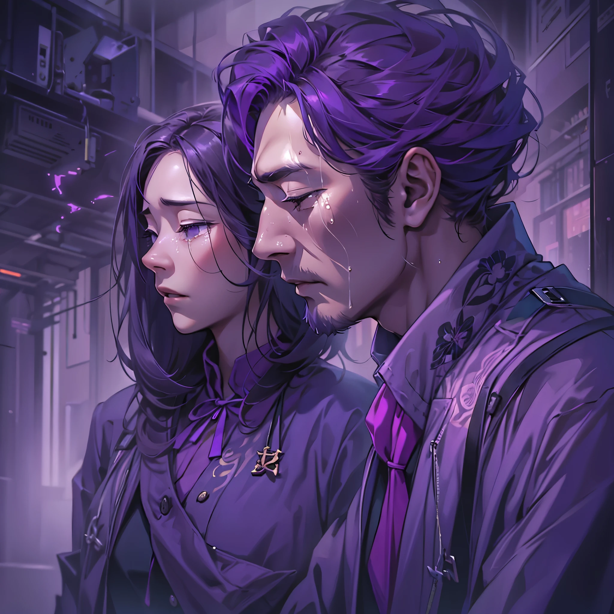 Inspired by the MBTI architect、A man and a woman wearing purple clothes, crying with sadness.。Create a mysterious atmosphere。