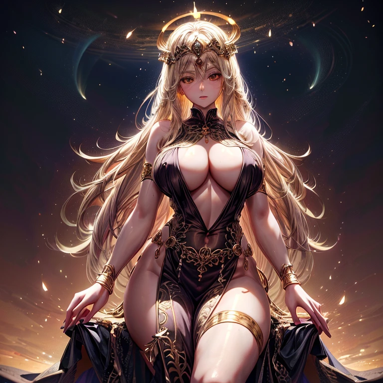 豪華な衣装を着たアニメのgoddessがポーズをとっている,((masterpiece, Highest quality, Very detailedCG, unity 8k wallpaper )),Official Art,Very detailed,(Fractal Art:1.3),colorful,Most detailed, Fantasy art, ((Beautiful Fantasy Empress)), 8K high quality, detailed art, Very luxurious,gem, (((goddess))), (((古代の衣装を着たgoddess))),Glowing Skin,Provocative face,Perfect Face,Blonde,,Temple Background,High resolution decoration,Wearing lavish ornaments,embroidery,Halo,50 years old,Magical Patterns,月のgoddess,Beautiful Celestial Magician