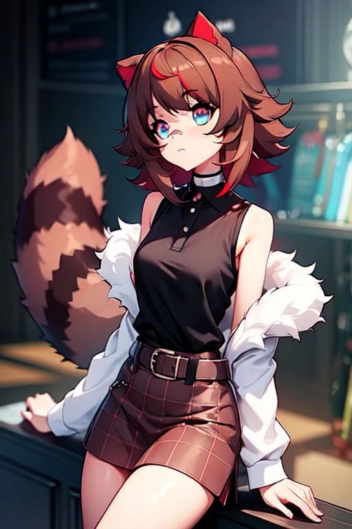 Masterpiece, intricate, anime style, full body, 1girl, rakkun, tanuki ears, red inner ears, red inner ear hair, 1tail, fluffy tail, racoon tail, brown and light brown ringed tail, beautiful eyes, detailed eyes, red and blue eyes blurred, short hair, red inner hair, brown hair, a strand of hair on the left side, red hair strips, short black shirt uncovered on the shoulders and with a black mesh with black borders up to the collar, polo shirt, short black skitr whit dark red checkered, black belt around the waist, looking at viewer