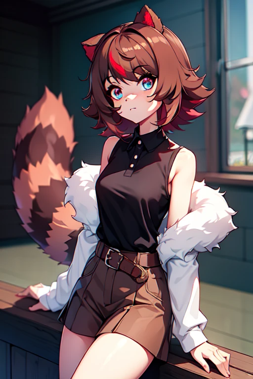 Masterpiece, intricate, anime style, full body, 1girl, rakkun, tanuki ears, red inner ears, red inner ear hair, 1tail, fluffy tail, racoon tail, brown and light brown ringed tail, beautiful eyes, detailed eyes, red and blue eyes blurred, short hair, red inner hair, brown hair, a strand of hair on the left side, red hair strips, short black shirt uncovered on the shoulders and with a black mesh with black borders up to the collar, polo shirt, short black skitr whit dark red checkered, black belt around the waist, looking at viewer